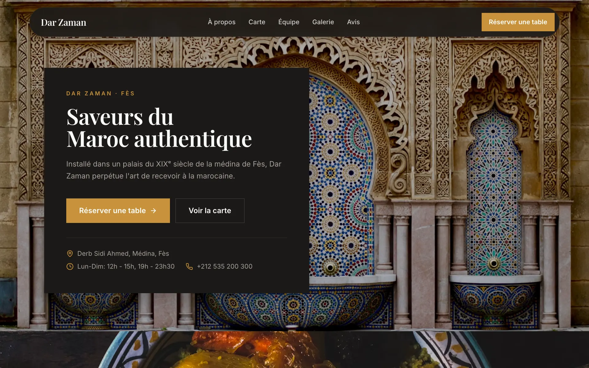 Exemple de site de restaurant marocain créé avec Sity, version ordinateur : photo plein écran, bouton de réservation et horaires